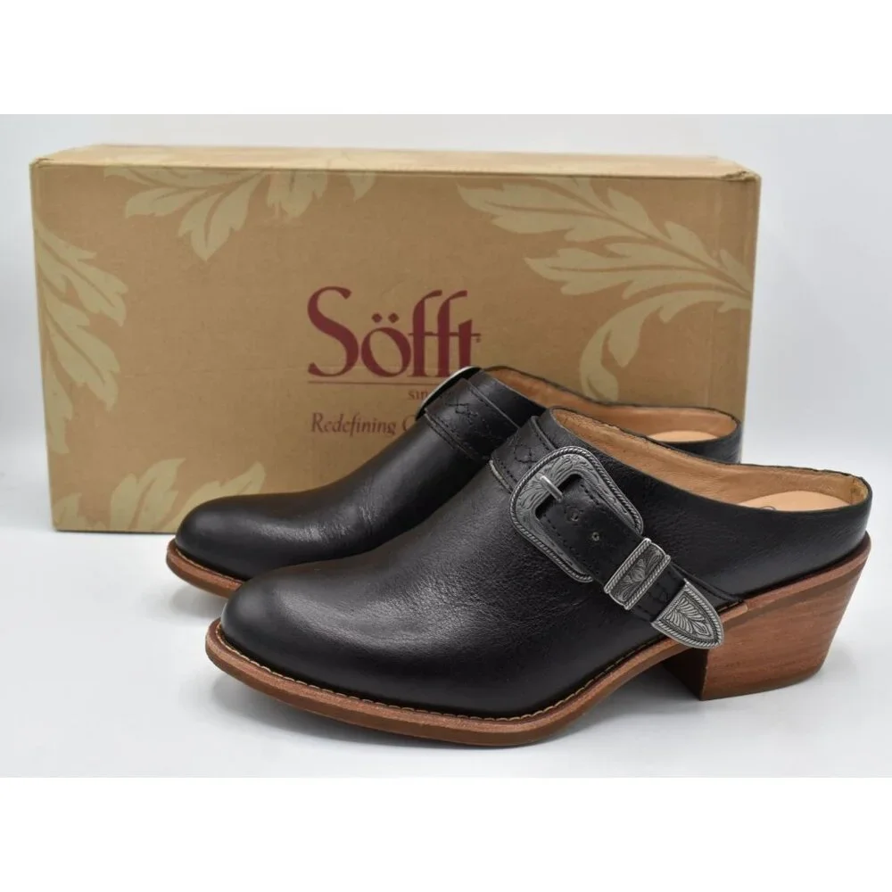 Sofft Women Size 8 Adara Black Leather Buckle Shooties‎ Booties Shoes Mules